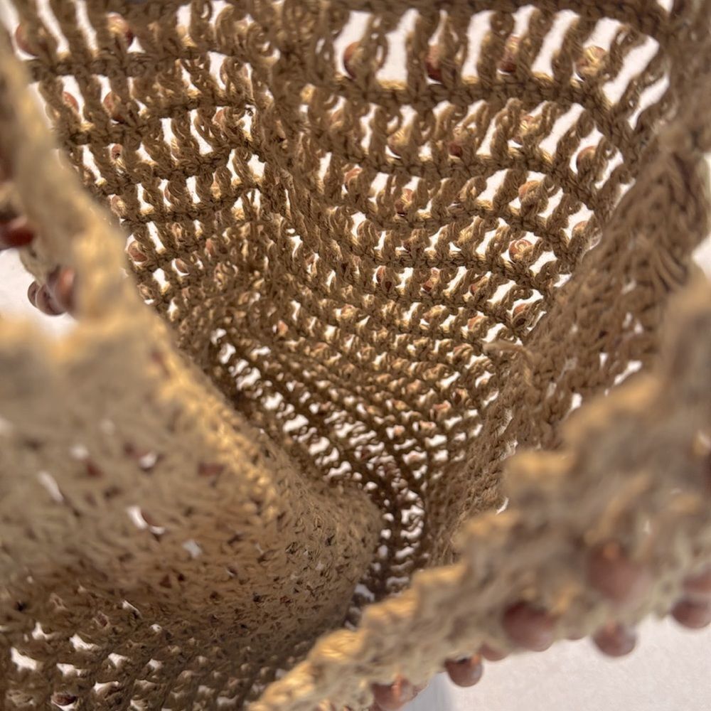 Aava Khaki Brown Beaded Open Knit Crochet Double Handle Market Beach Boho Tote - Picture 7 of 12